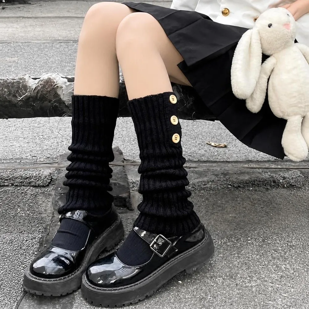 Crochet Lolita Leg Warmers Stretchy Retro Buttons Decoration Knitted Boot Cuffs Black White Fluffy Long Knitted Socks