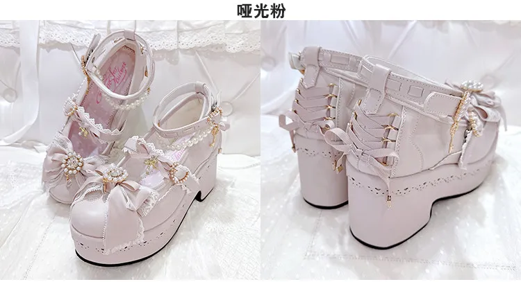 Japanese Shallow Single Shoes Bud Lolita Bow Rhinestone High Heels Women's Mass Production Waterproof Platform Shoes Female