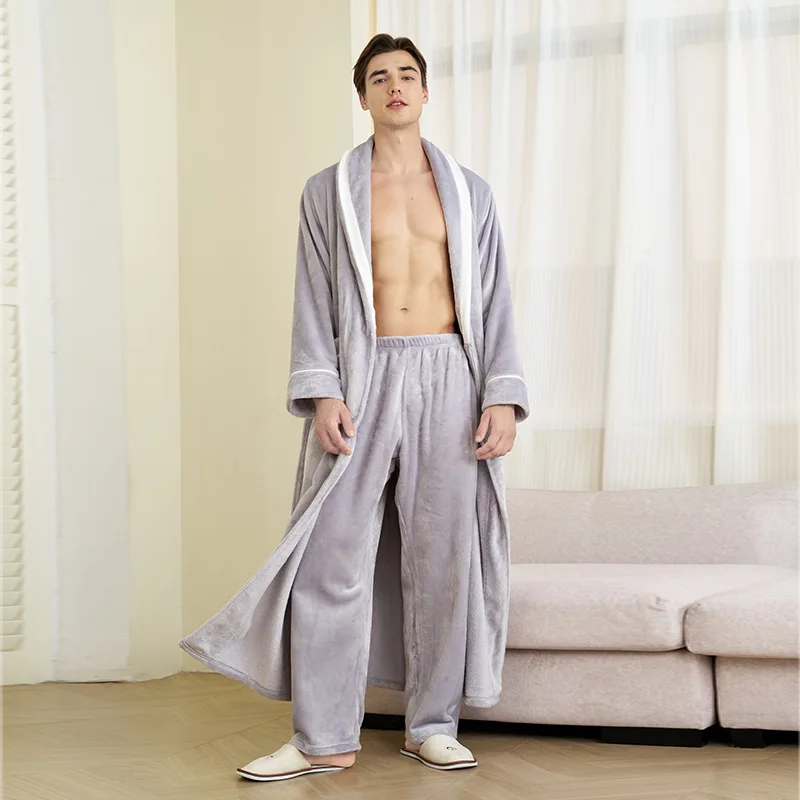 Couple 2PCS Flannel Robe Pants Set Winter New Thick Warm Pajamas Coral Velvet Ladies Lengthed Bathrobe Homewear Men Sleepwear