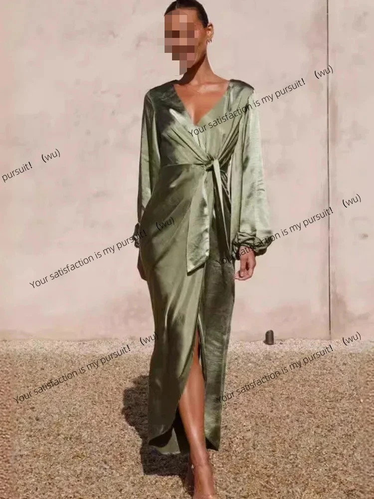 ZOCI-2025 夏の新作ファッション レディース ロールセクシー サテンロングドレス Vネック レース袖 ランタンロングドレス ホリデー