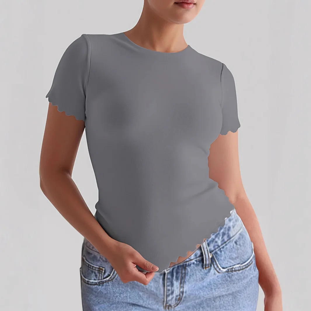 صيف 2025 لون سليم صالح المرأة تي شيرت ort Sve جولة Ne البوليستر النسيج Faionable رداء علوي غير رسمي للشابات