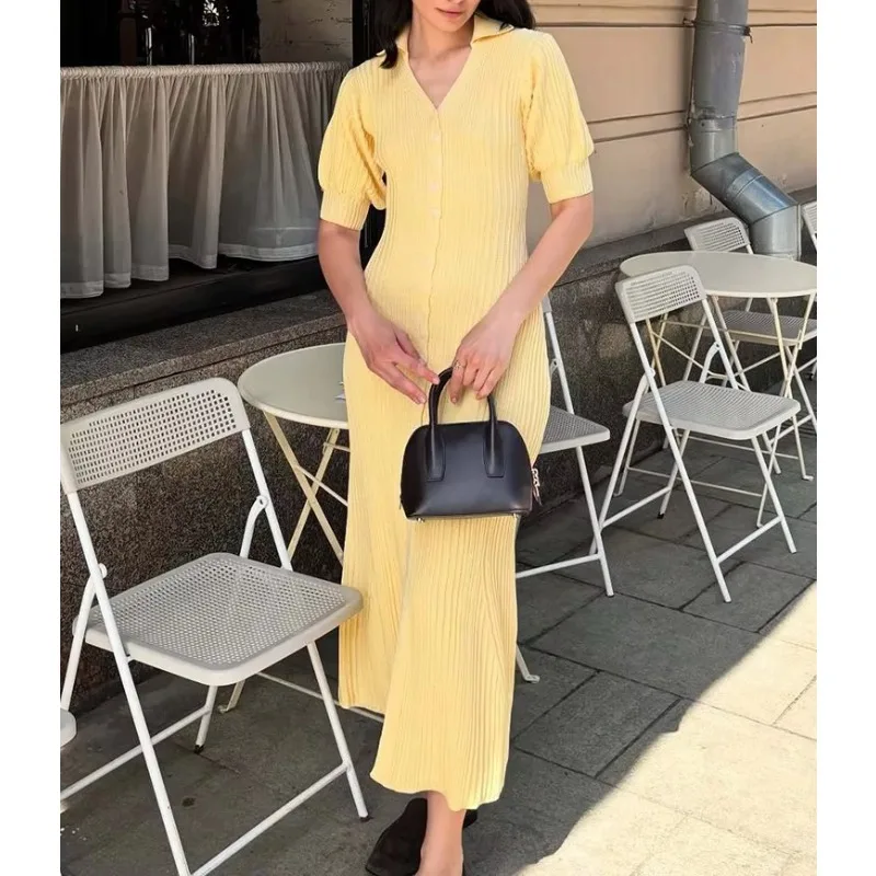 Slit Long Cardigan Knit Dress Women Summer Fashion Short Sleeve Patchwork High Waist Maxi Dress Street Casual Y2K Dress