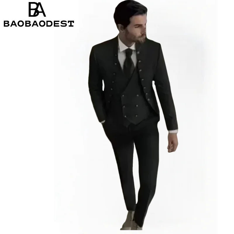 3 قطع بدلات رسمية للرجال مع ياقة الماندرين بدلة سهرة لحفلات الزفاف للرجال بقصة ضيقة (سترة + بنطلون + سترة) #1