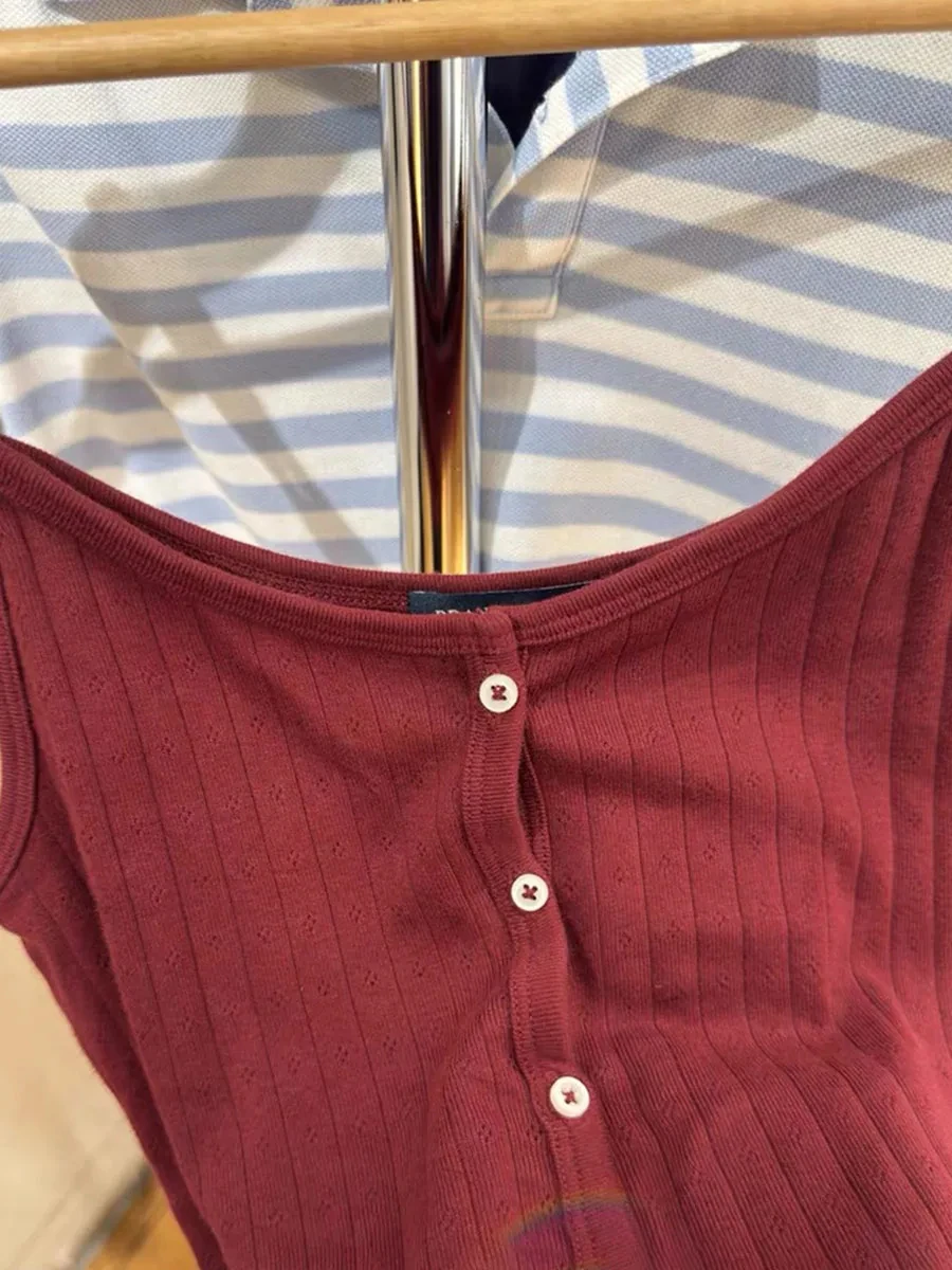 العيينة الأحمر القطن الأساسية تانك القمم المرأة الصيف جديد واحدة الصدر أكمام سليم بروتيل بسيط الحلو الصلبة لطيف سترة Y2k القمم #6