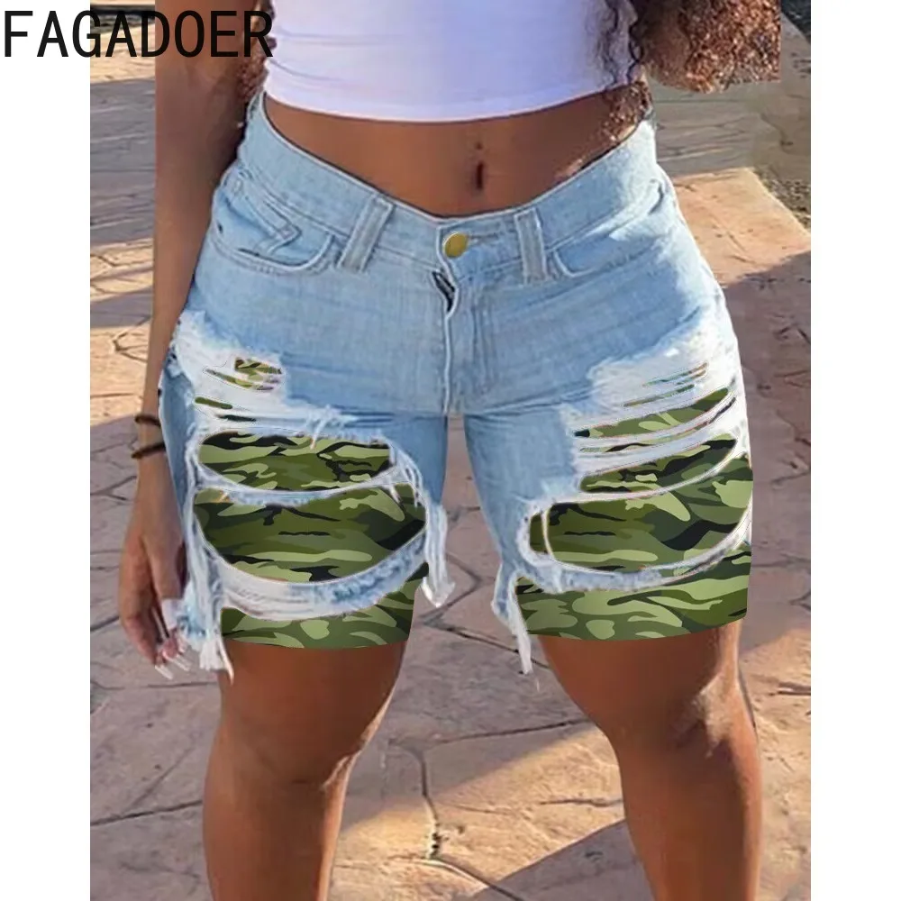 FAGADOER Fashion Retro Printing Skinny Denim Shorts Women High Waist Button Hole Jean Summer New Female Cowboy Matching Bottoms