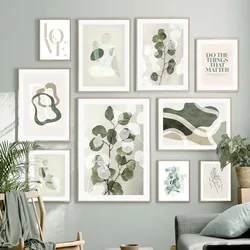 Minimalist Abstract Wall Art Canvas Painting, Nordic Posters, Prints, Wall Picture, Line Body Leaves, Gray and Green, Living Roo