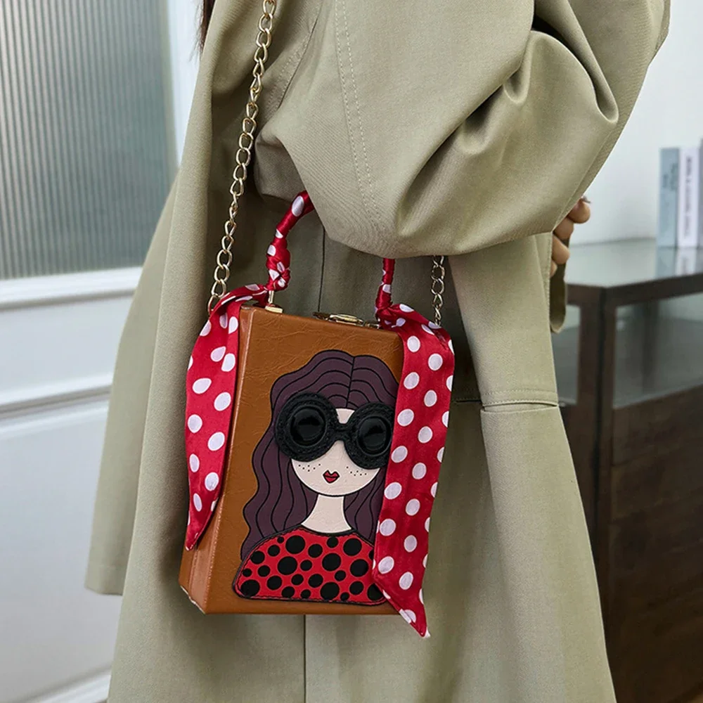 Cute Girls Printed Box Bag Metallic Handle Women Handbag Candy Color Cartoon Shoulder Crossbody Bags for Women Funny Purses Chic