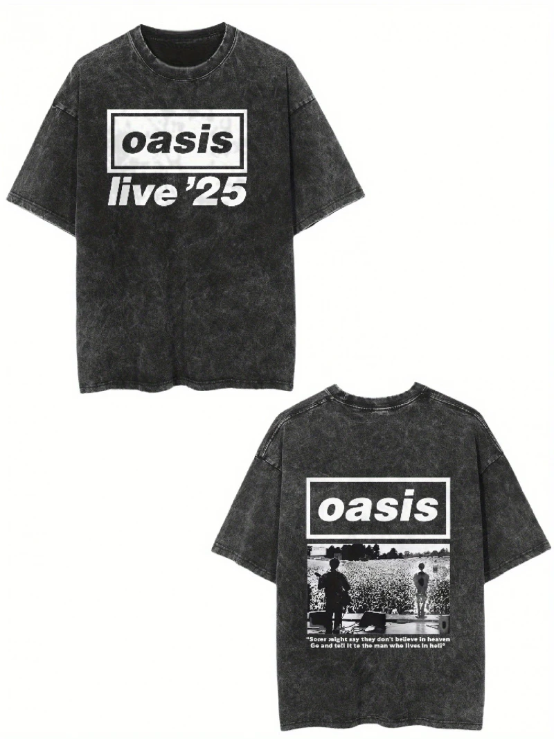 تي شيرت Oasis Live'25 Retro المغسول بنمط فرقة الروك، فضفاض، مناسب لكل من الرجال والنساء، ملابس غير رسمية
