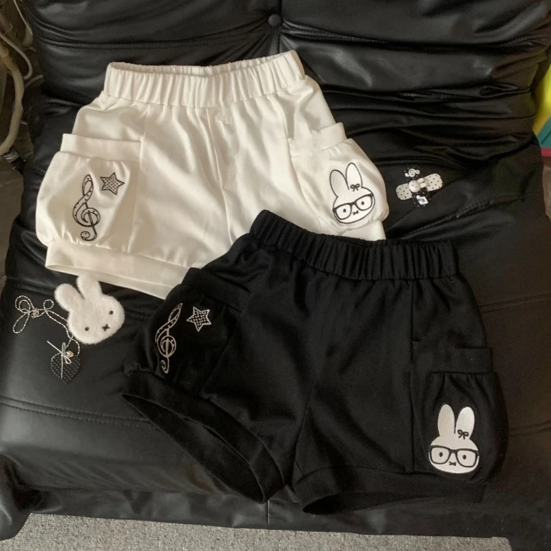 Cartoon Kawaii Miffy New Embroidery Leisure Shorts Female Summer Pure Desire High Waist Stripes Wide Legs Home Sports Hot Pants