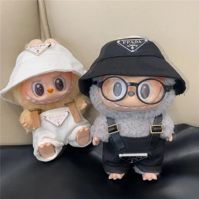 Ropa estampada para muñeca Labubu de 15 y 17cm, conjunto de falda con lazo y sombrero II, accesorios de traje DIY para casa de muñecas, juguetes para sentarse a la moda, regalos para niñas