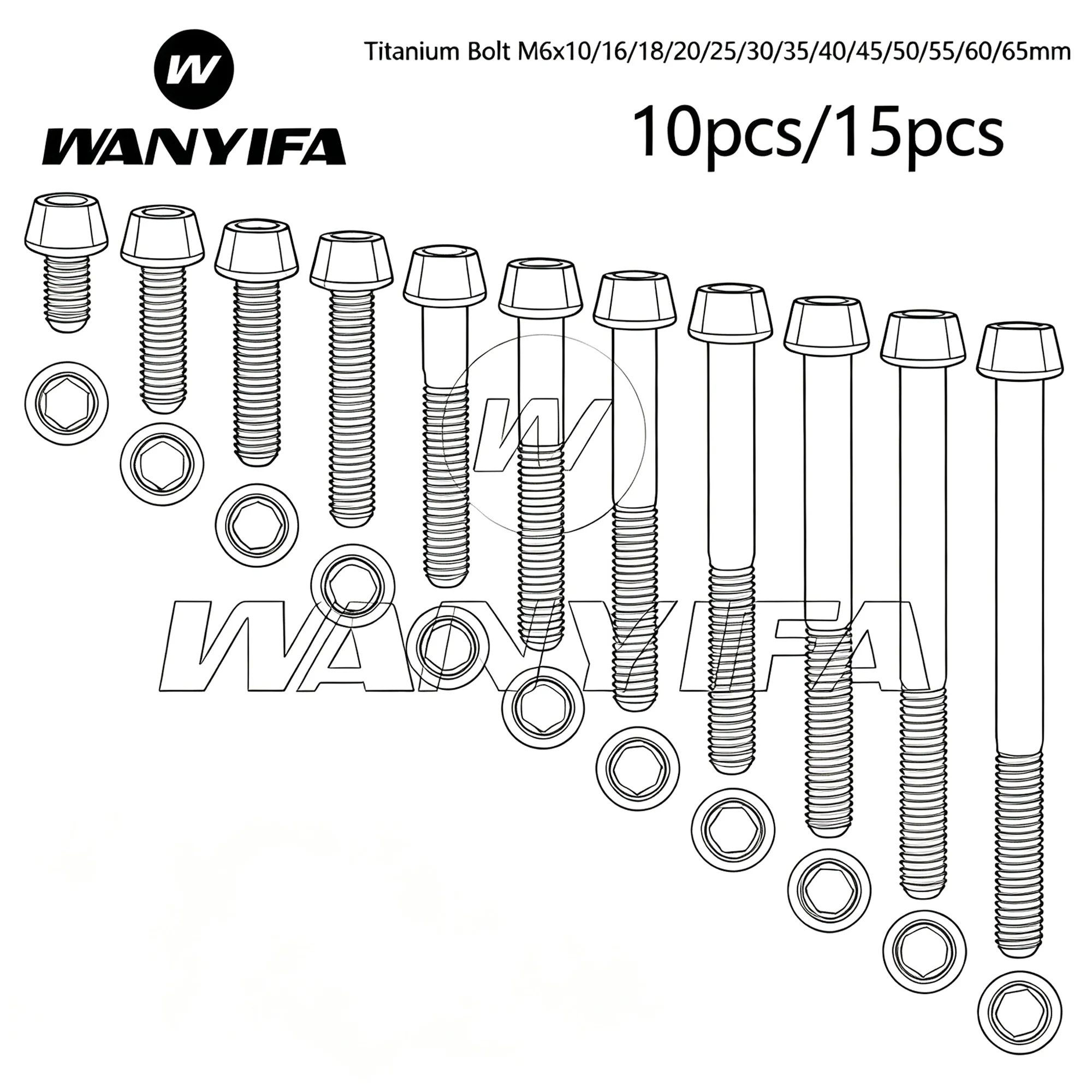 Wanyifa Titanium Bolt M6x10/16/18/20/25/30/35/40/45/50/55/60/65mm Taper Head Allen Key Screw for Bicycle  Bolt 10/15pcs