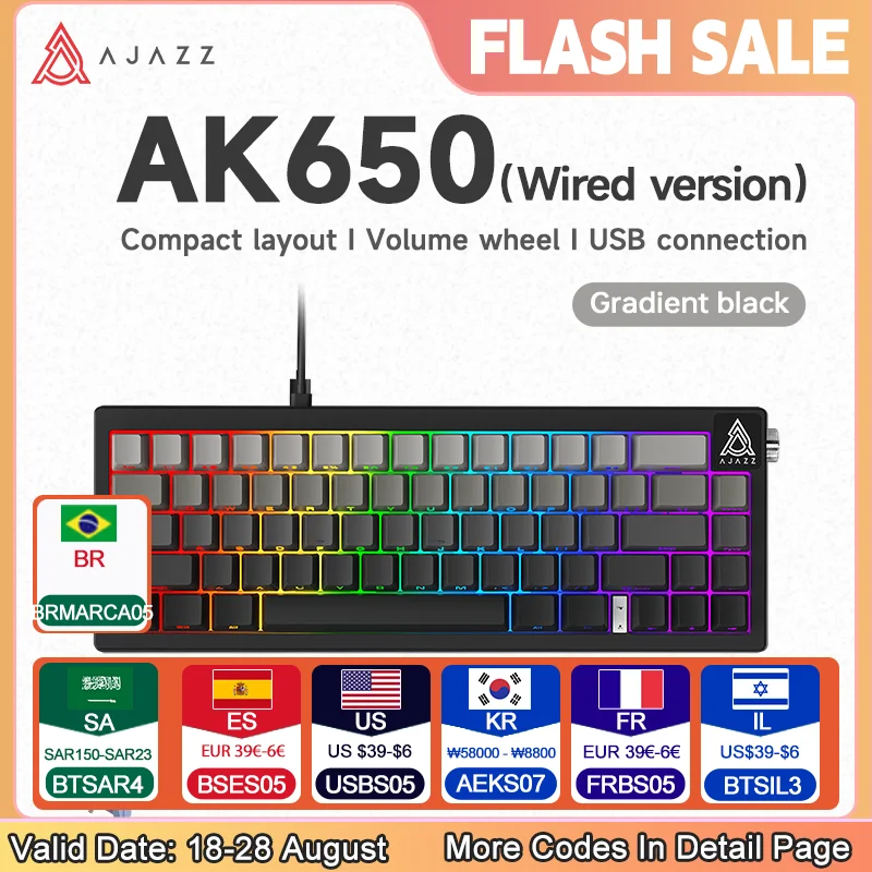 

AK650 Wired Mechanical Keyboard Gasket Structure Side Volume Knob White/RGB Light Dual Foot Support Adjustment