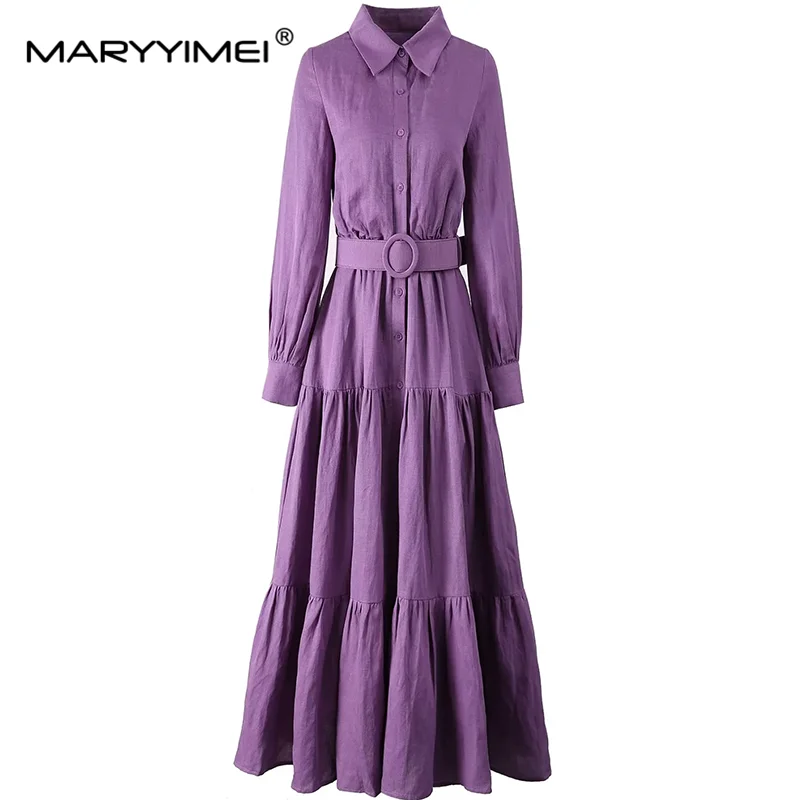 MARYYIMEI  Autumn Winter New Style Vintage Designer Women\'s Dress Turn-Down Collar Single-Breasted Lace-Up Linen Dresses