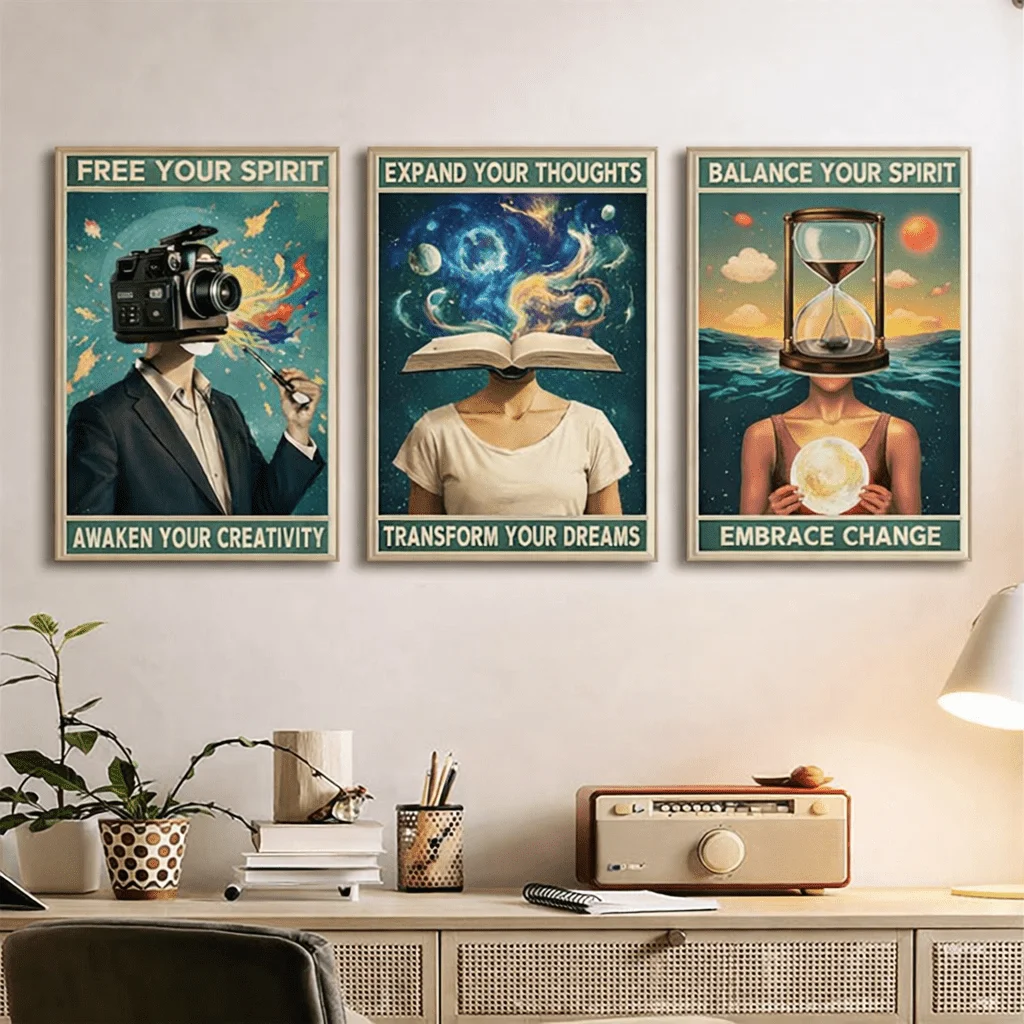 2D Flat, 2D Flat, 3pcs Vintage Surrealist Art Canvas Posters with Wooden Frames - 