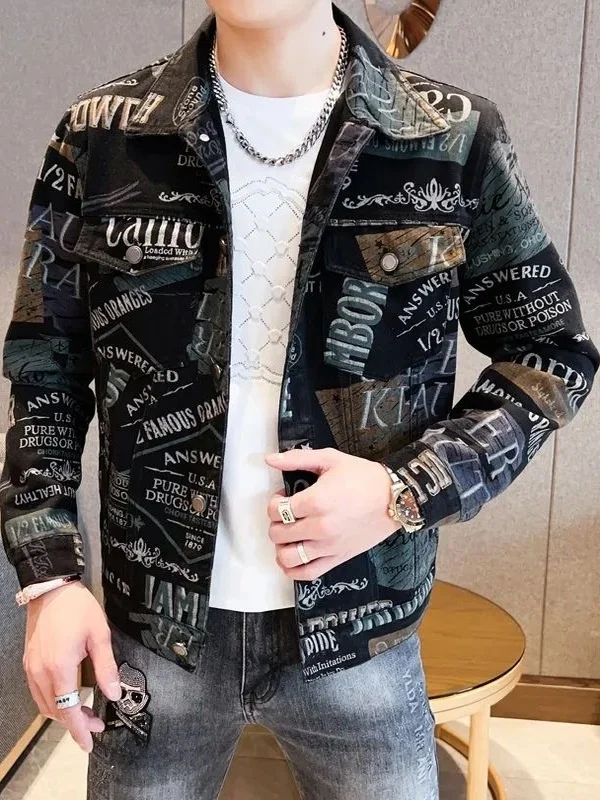 

American Sle Trendy Men's Jaet Spring Autumn Casual Faion Print Outerwear Slim Fit Long Sve Windproof Polyester