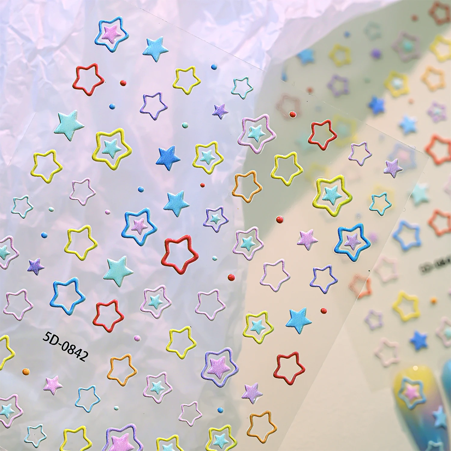 1sheet 5D Candy Color Hollow Star Nail Stickers Double-layer Hollow Star Self-adhesive Nail Decals Y2K Star Manicure Sliders