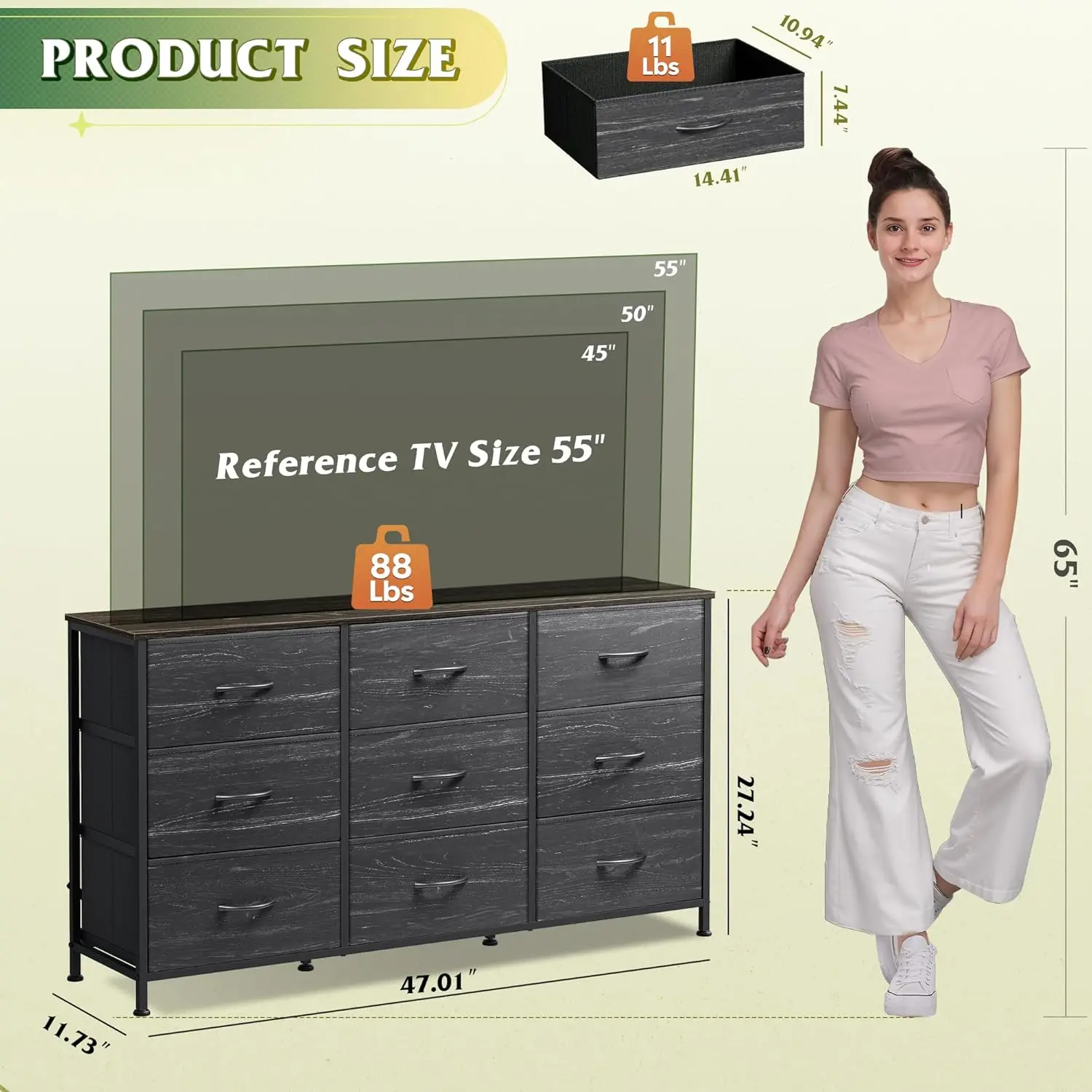 خزانة غرفة نوم سوداء بعرض 47 بوصة مع حامل تلفزيون لأجهزة التلفاز مقاس 45-55 بوصة، تتميز بـ 9 أدراج للتخزين الكافي