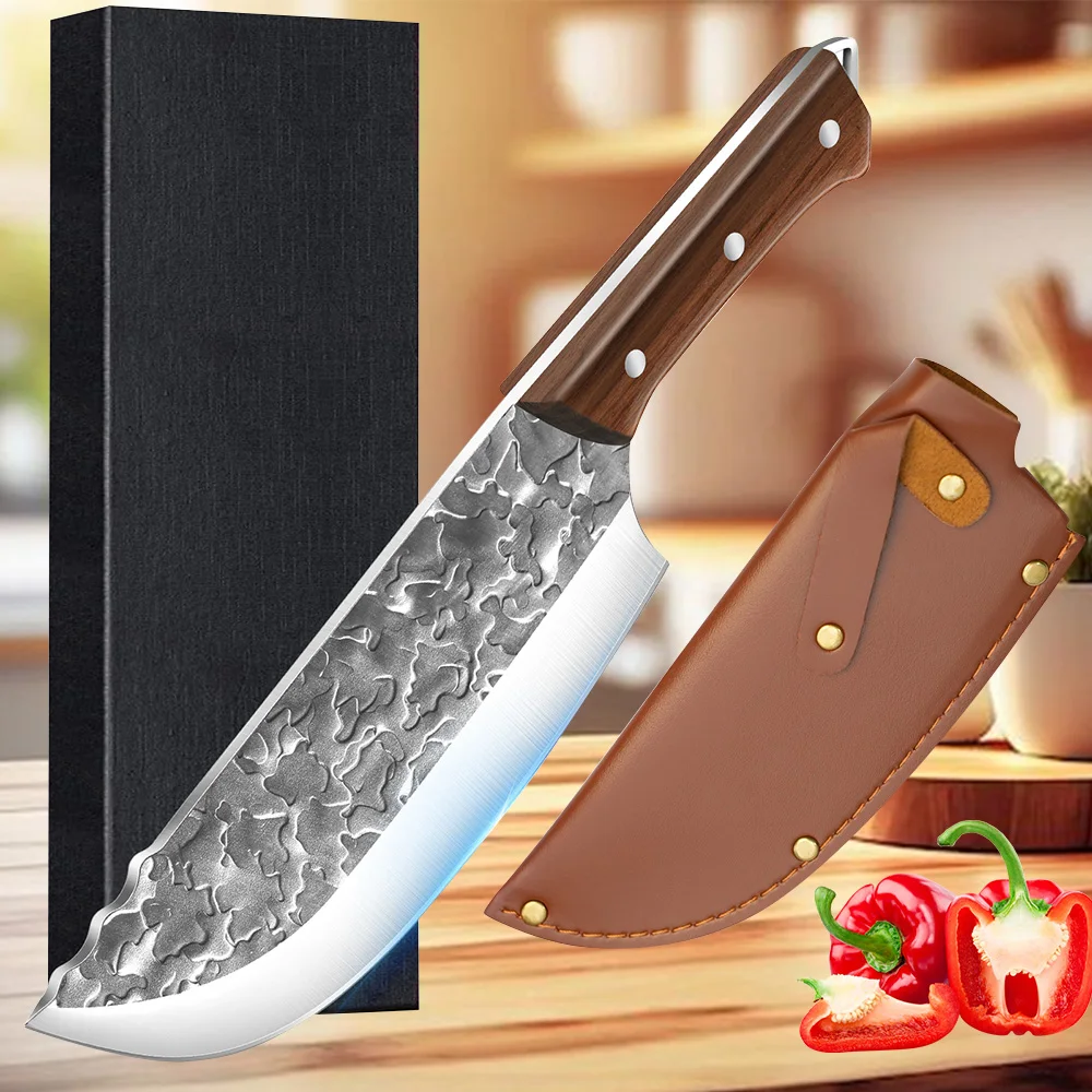 MDHAND-cuchillos de cocina profesionales afilados de acero al carbono, cuchillo rebanador, hoja forjada a mano, cuchillo para deshuesar, cuchillo con mango de madera