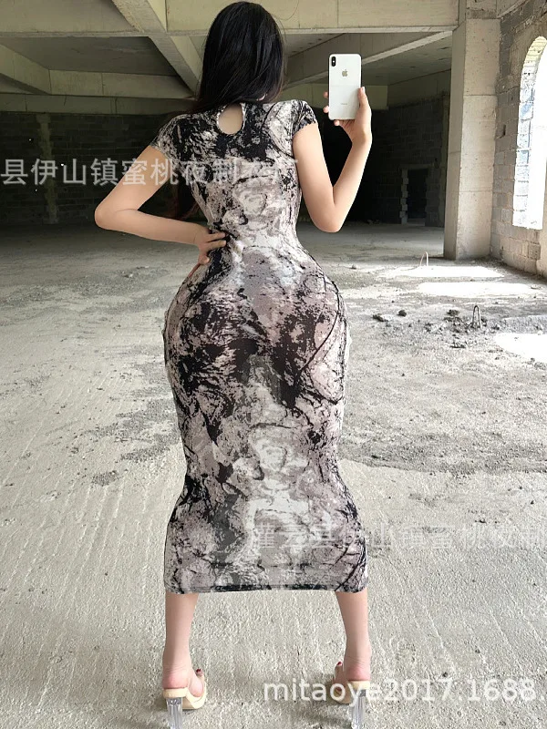 Exotic summer fashion women's clothing printed buckle tight fitting Chinese style cheongsam uniform slim and elegant dress 6I7Y