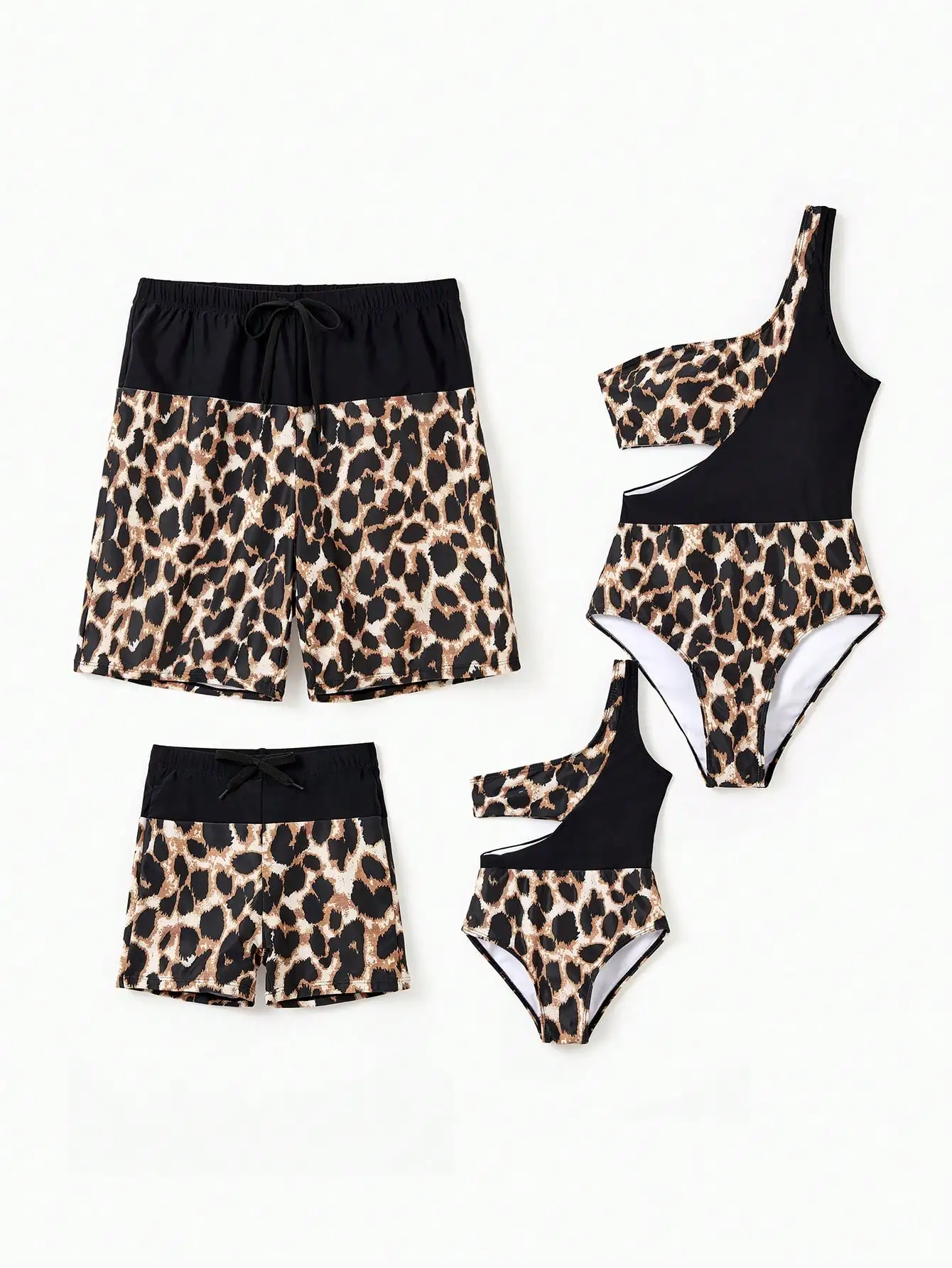 Leopard Panel Cut Out One Shoulder One Piece Swimsuit And Swim Trunks
