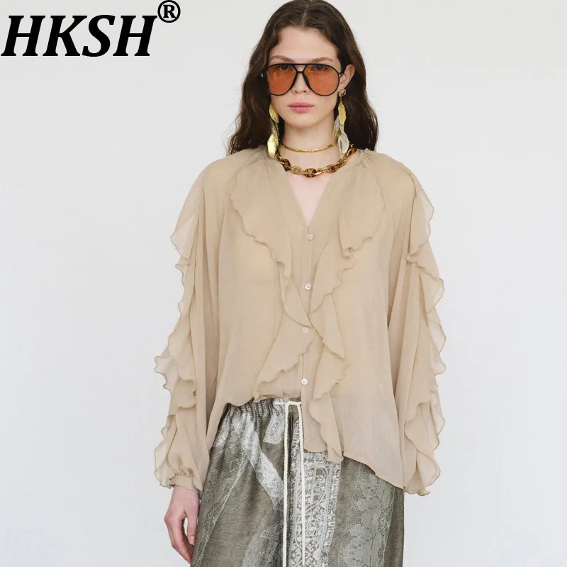

HKSH 2025 French Style Niche Design High-End Sense Elegant Ruffle Zipper Long Sleeve Shirt Tide Versatile Comfortable Top HK8251