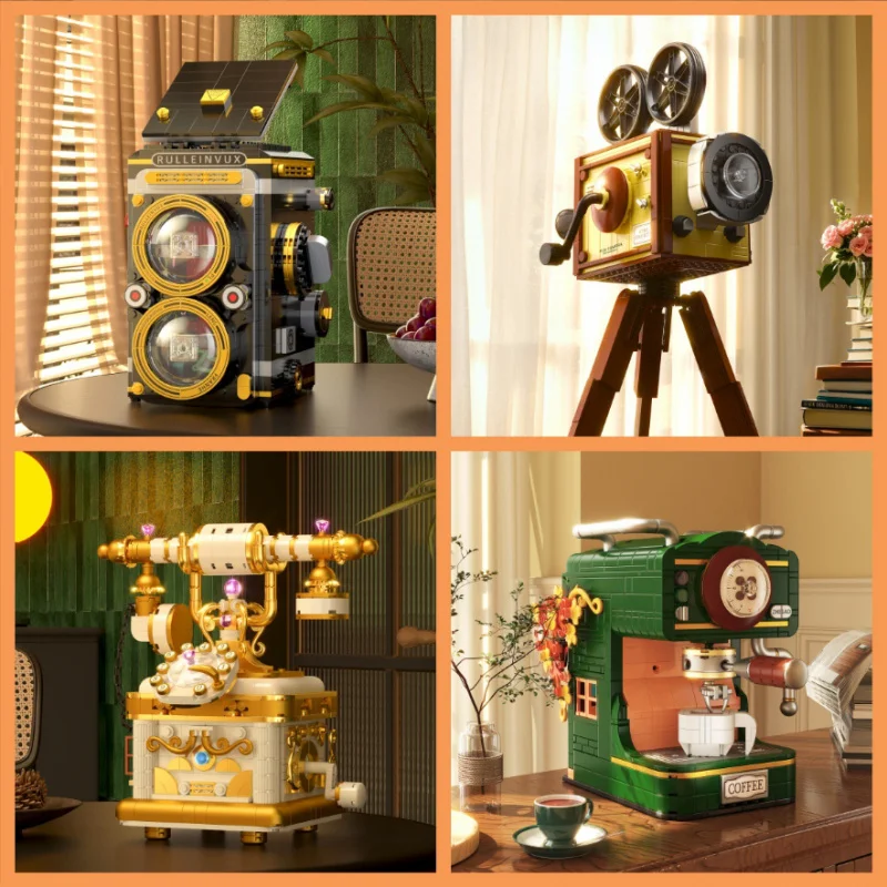 

Retro Telephone Projector Coffee Machine Building Blocks Model DIY Assembly Bricks Home Decor Ornament Desk Display Collection