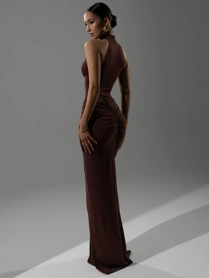 Vestido largo sexy sin mangas con fruncido y escote halter para mujer, elegante, de cintura alta, para fiesta y club, con abertura 2