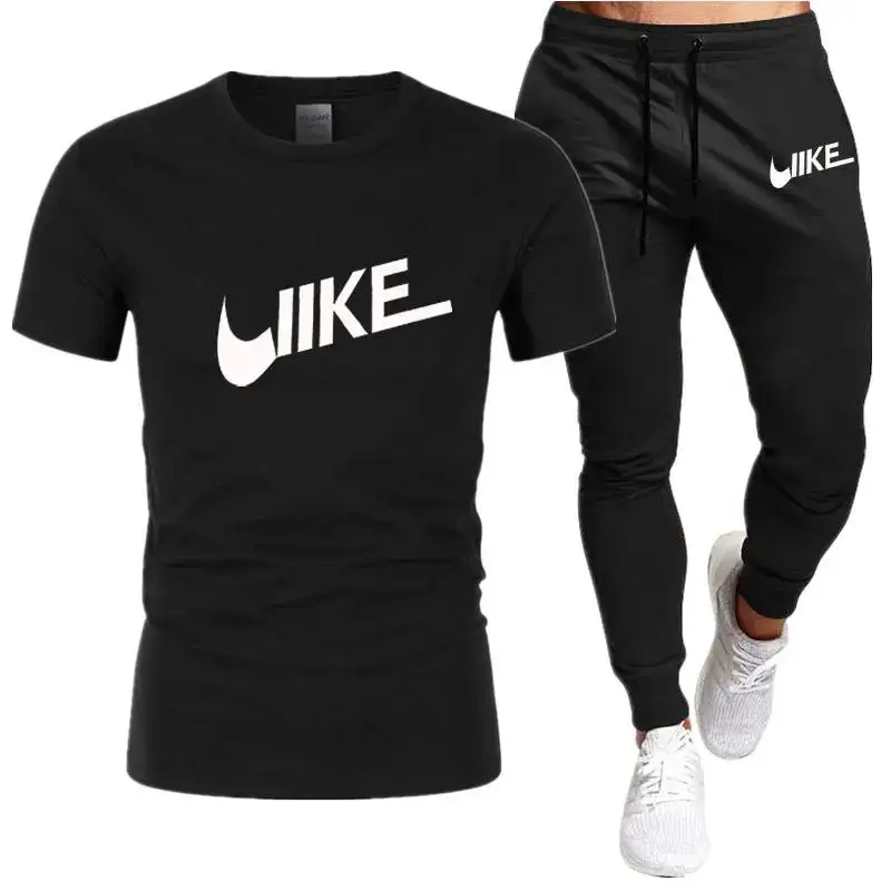 Men's Shirt Tracksuit Two Pieces Sets Men Casual Fitness Sport Suit Short Sleeve T Shirt+Trousers Sportswear Suits