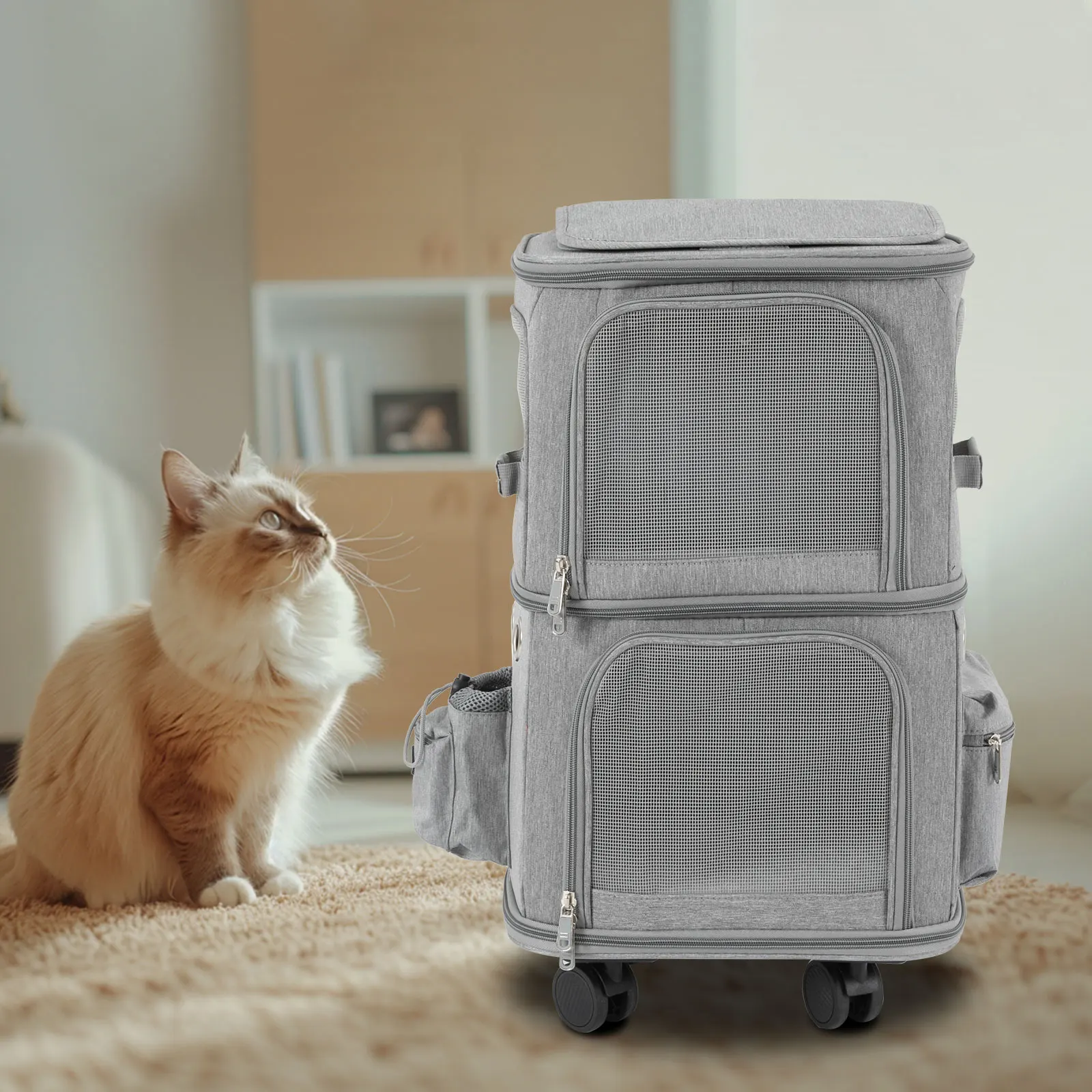 Cat Carrier Double-Compartment Pet Rolling Carrier with Wheels Super Ventilated Design,Ideal for Traveling Hiking Camping