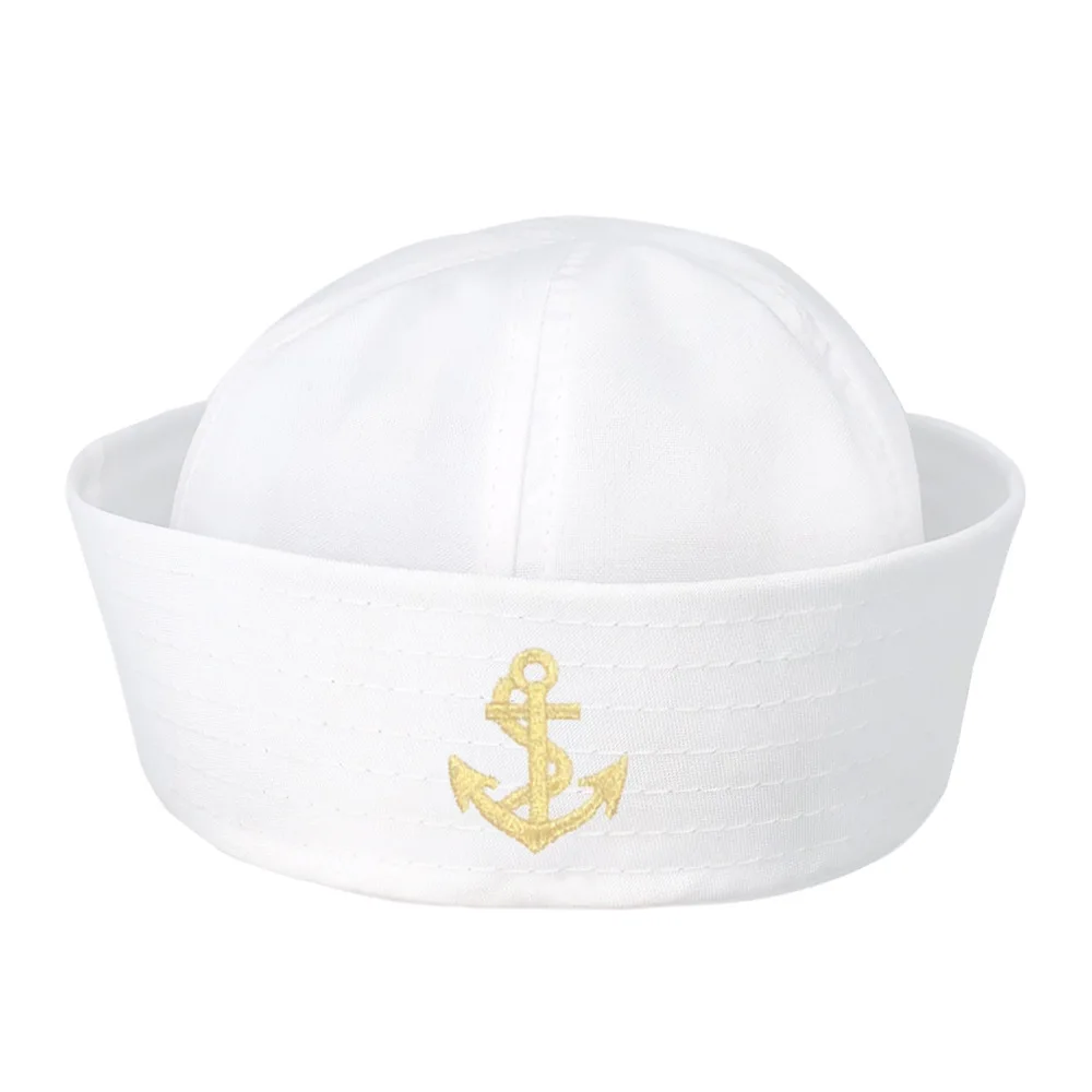 

Halloween White Sailor Cap Captain Hat Round Top Six Pieces Flip Brim Hat