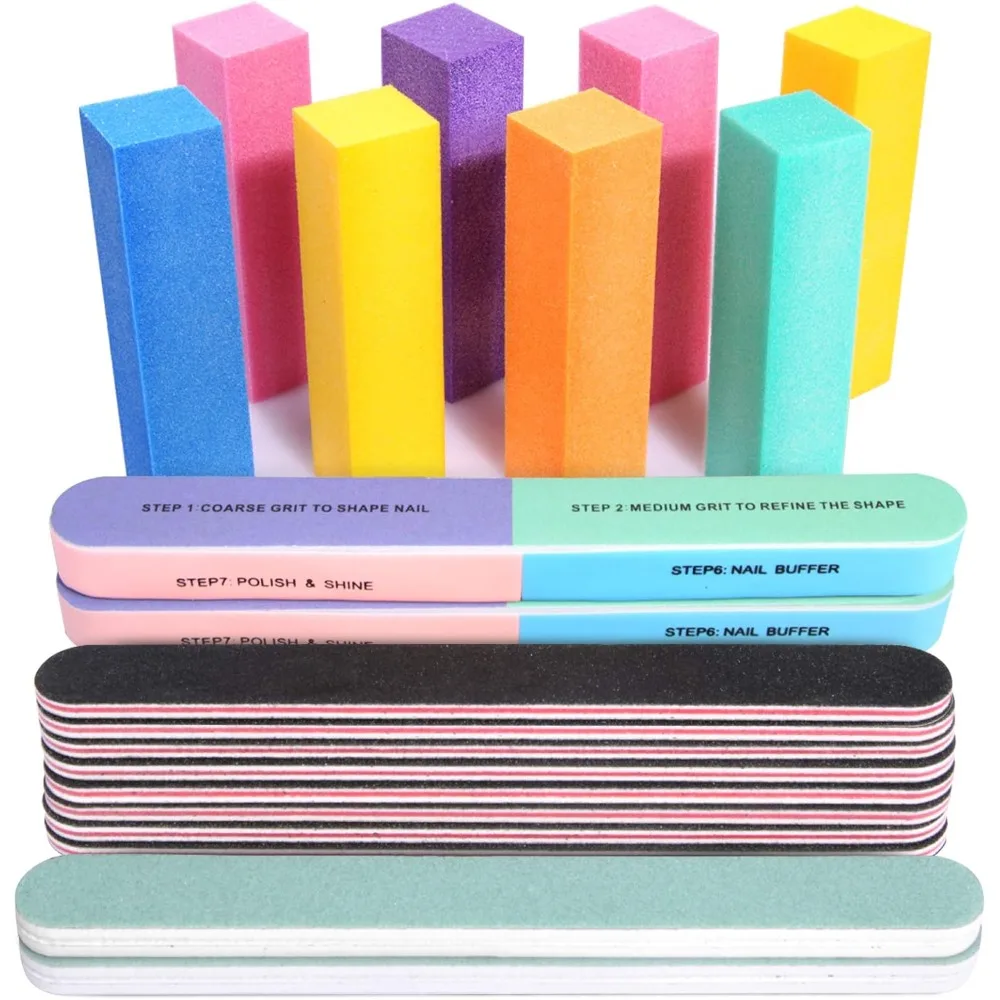 20PCS Professional Nail File Kit with Buffer Blocks, 100/180 Grit 7 Way Nail File, Polishing Buffer for Natural and Acrylic Nails, Complete Manicure and Pedicure Tools Set for Nail Prep, Shaping, Smoothing and Shining at