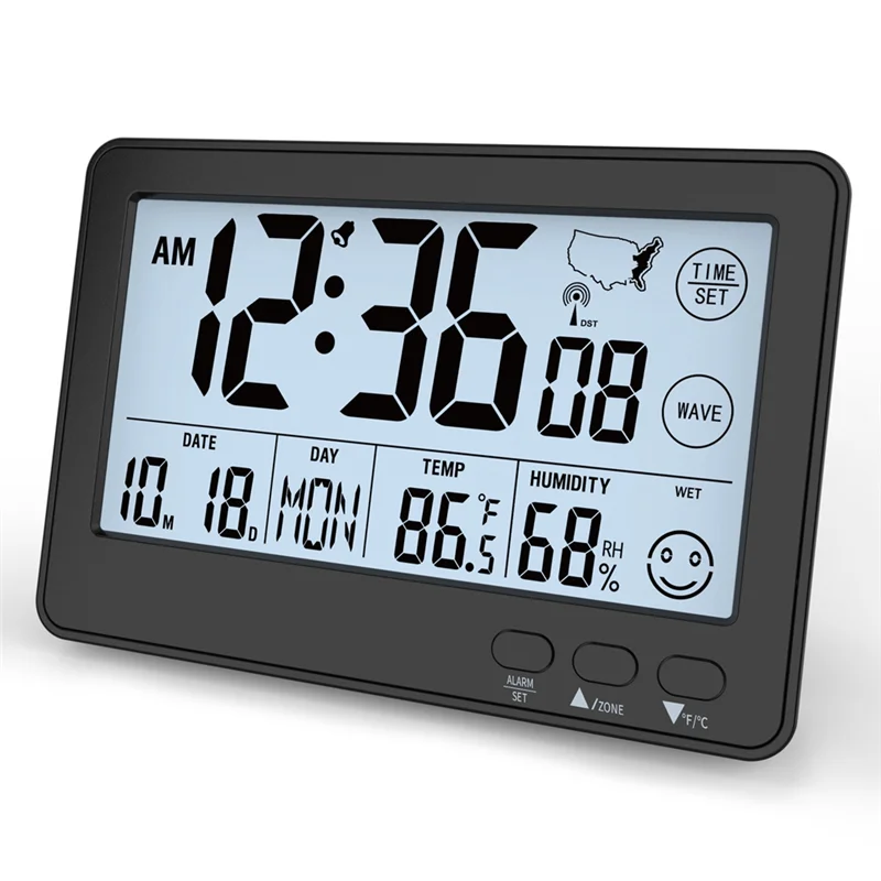 A84X-Digital Desk Clock With Temperature, Humidity Date Display-Atomic Clock Small Size Auto Set, Alarm Clock For Bedroom,Office