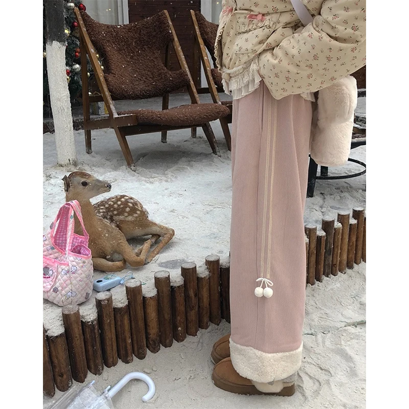 Autumn New Cute Fleece Wide Leg Pants Women Japanese Style Pink Female Joggers Harajuku Patchwork Baggy Casual Trousers