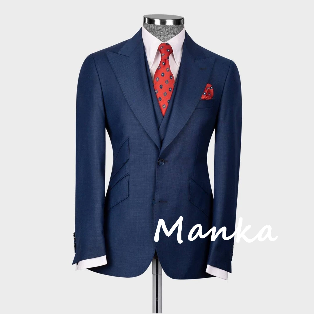 Elegante risvolto con visiera blu Navy abiti da uomo completi per lo sposo Prom Party 3 pezzi Blazer gilet pantaloni formale Business Office vestito maschile