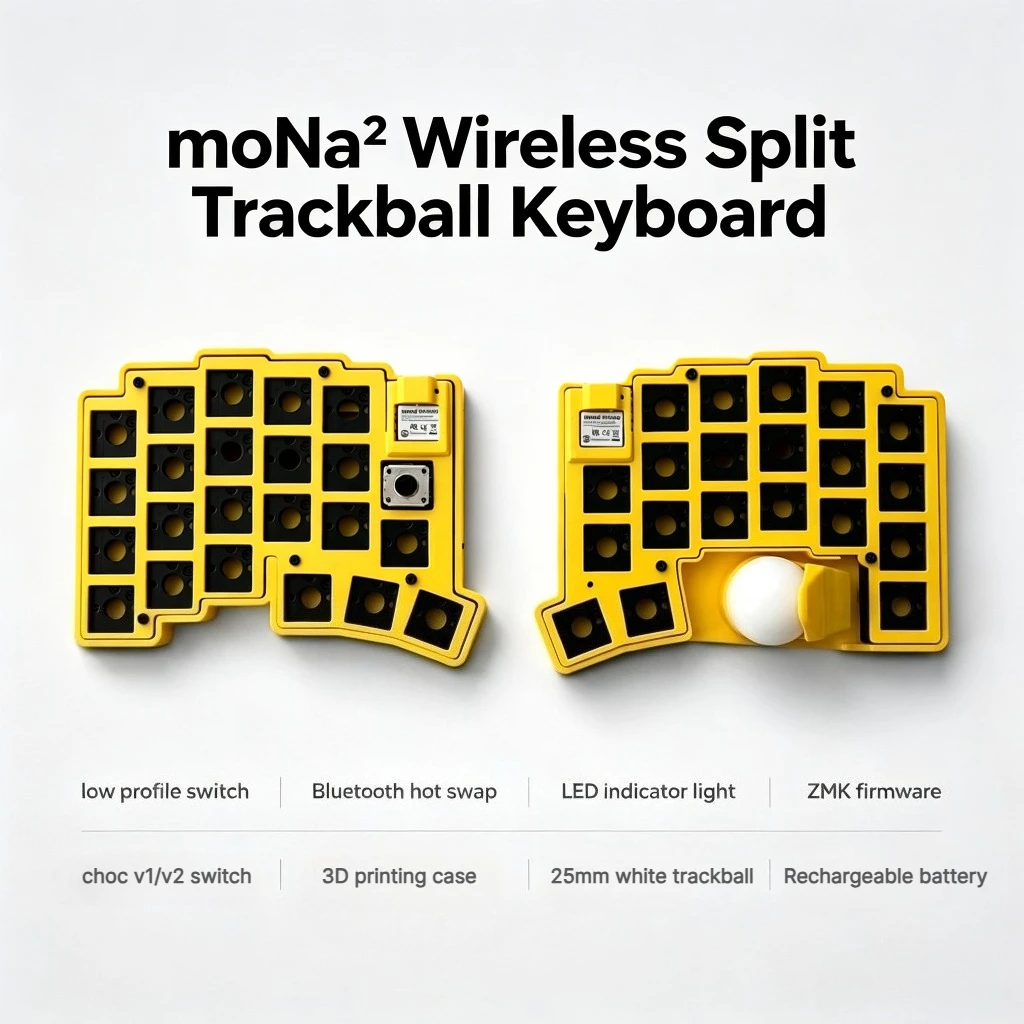 moNa Wireless Split Trackball Keyboard Low Profile Kailh Choc V1/V2 Wireless Bluetooth Dual-mode Hot Swap Mechanical Keyboard