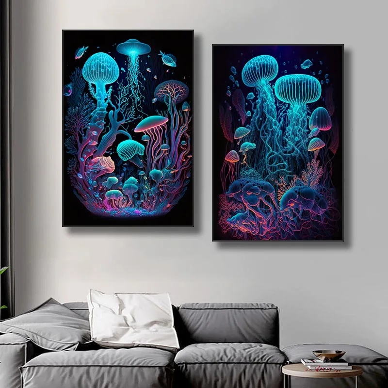 Colorful Jellyfish Poster Ocean Art Lover Sea Life Canvas Painting Jellyfish Art Bioluminescent Trippy Wall Art Room Home Decor