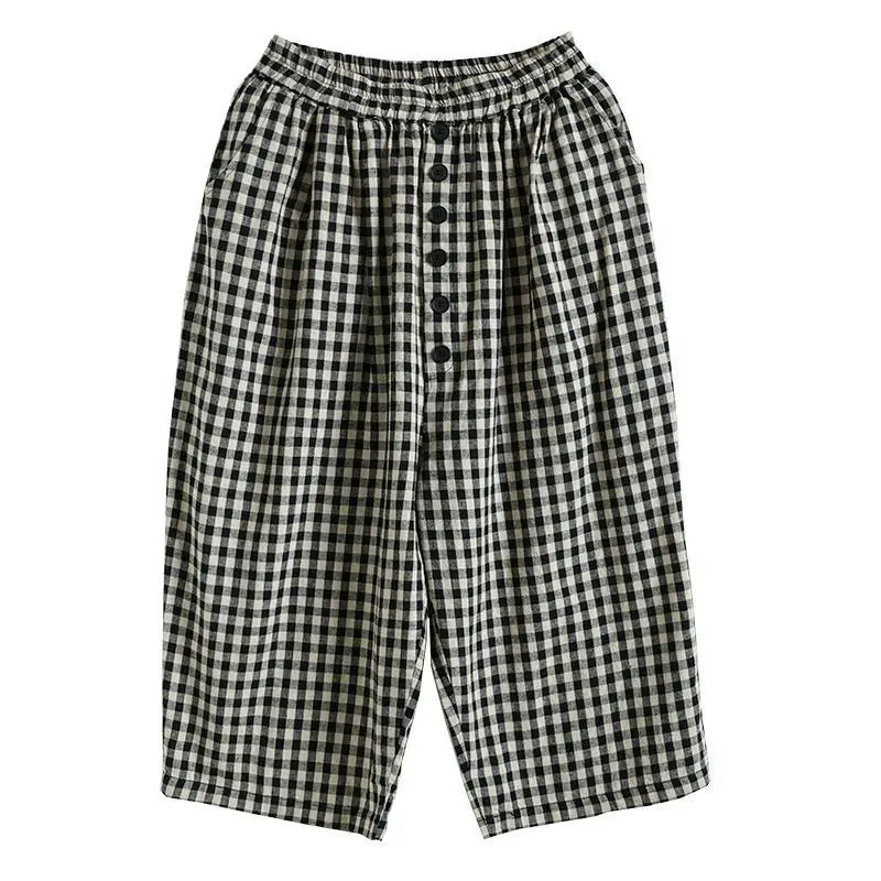 Sommer Flachs Einfachheit Plaid elastische Taille waden lange Hosen Frauen Kleidung All-Match-Knöpfe lose dünne übergroße Hose mit weitem Bein