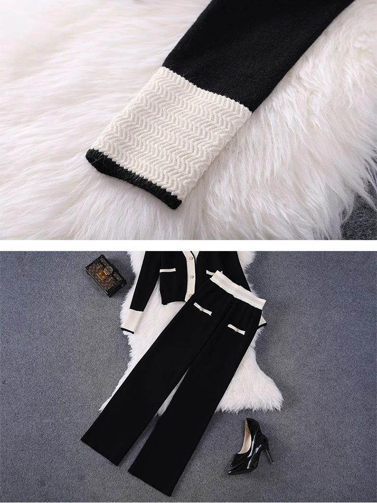 Spliced Casual Knitted Spring Fall Two Piece Sets Single Breasted Cropped Cardigan Tops Outfit Elegant High Waist Pants Suit