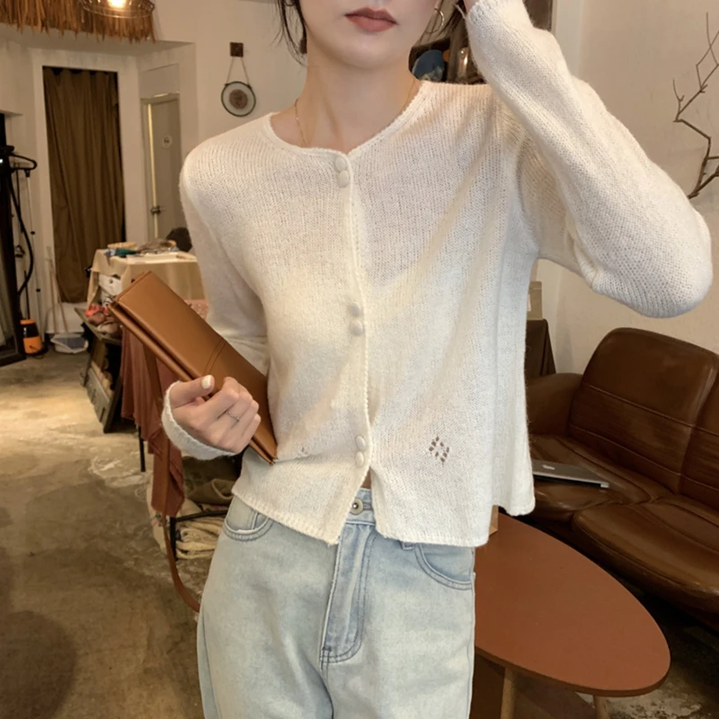 Autumn Winter Fashion Solid Round Neck Long Sleeve Sweaters Women's Clothing Sweet Hollow Buttons Knitting Sunscreen Cardigan