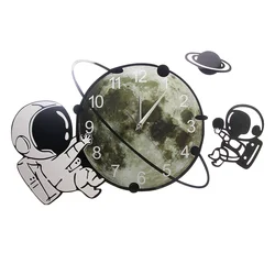 Astronaut On The Moon Cartoon Spaceman Wall Clock Silent Non Ticking Outer Space Wall Art Cosmonaut Kids Room Decorative Clock