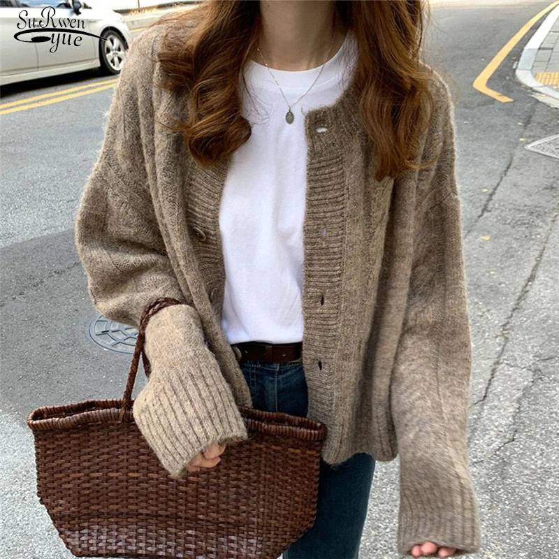 Autumn Elegant Warm Sweater Cardigan Fashion Loose Thick V-neck Knitted Sweater Gentle Vintage Winter Clothes Women Tops 16053