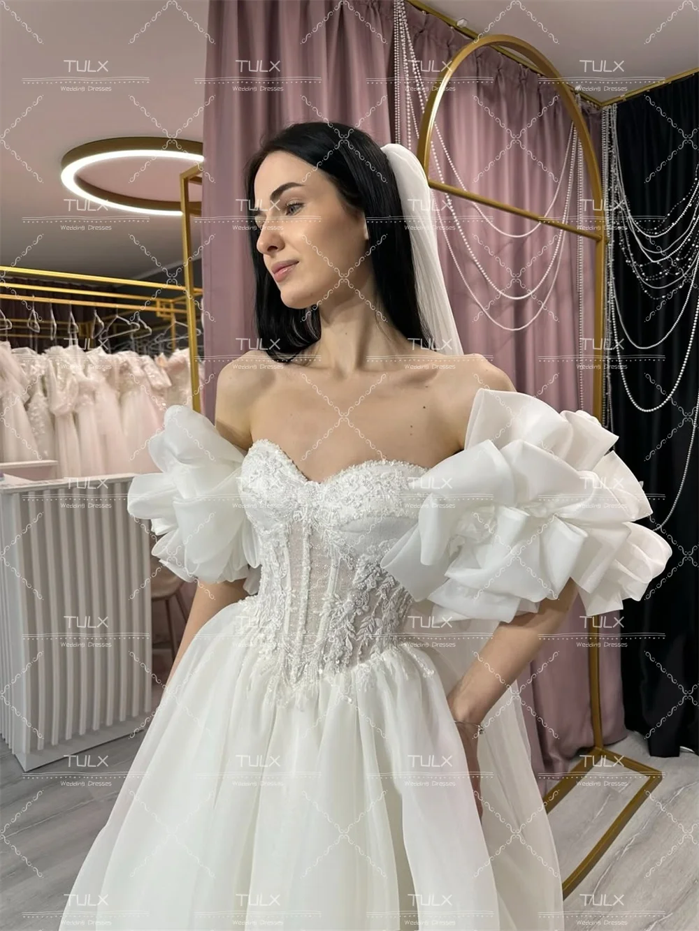 TULX 럭셔리 아이보리 오간자 퍼프 슬리브 웨딩 드레스 섹시한 스위트하트 레이스 브라이덜 가운 A라인 롱 로브 드 마리에 맞춤 제작