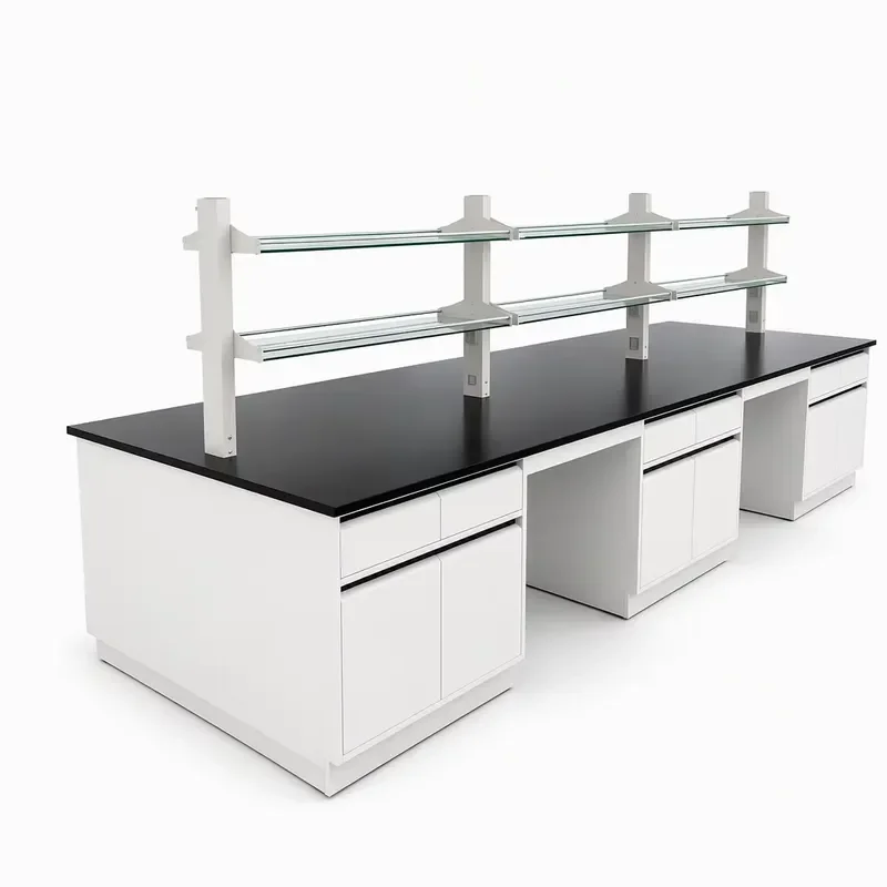 for Central Island Laboratory steel workbench with epoxy countertop and overhead reagent university research