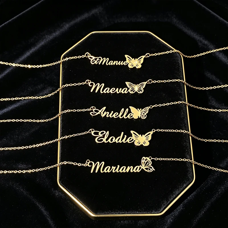 Custom Stainless Steel Name Pendant Necklace Customized Twelve Month Birthday Butterfly Necklace Personalized Necklace For Women