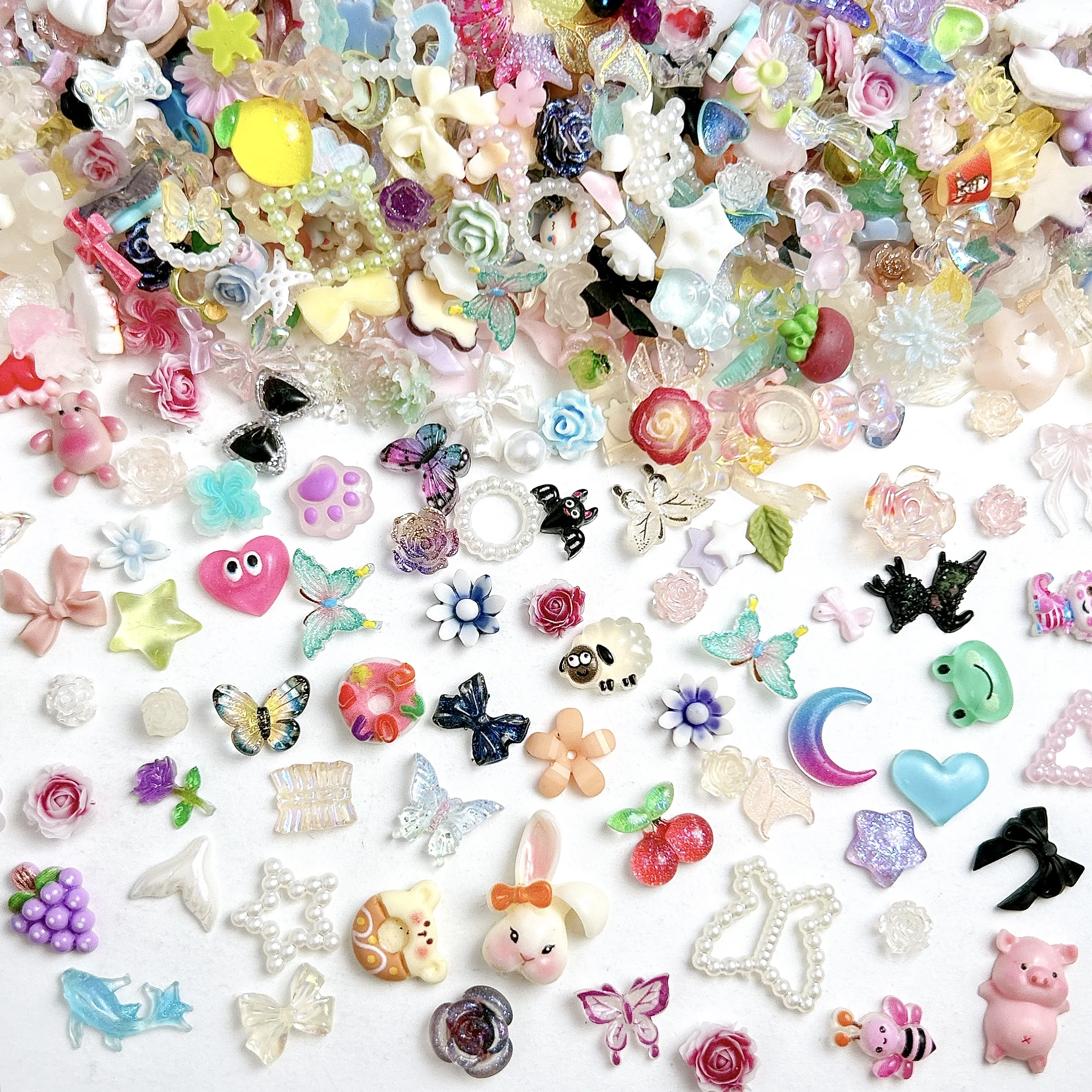 60PCS Random Blind Box Butterfly Grape Flower Resin Nail Charms Creative Moon Pig Bow Mixed Nail Art Decorations for DIY Nails