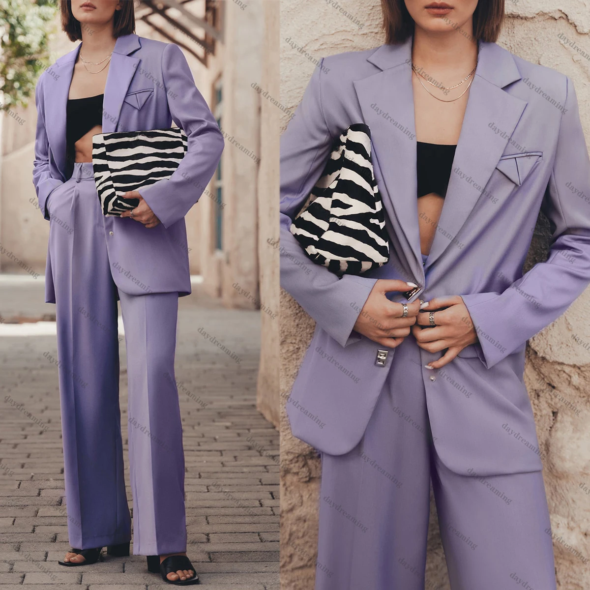 Simple  2 Pieces Women Suits Dresses Notched Lapel Party Gown Loose Jacket Custom Made Wide Leg Pants Power Blazer