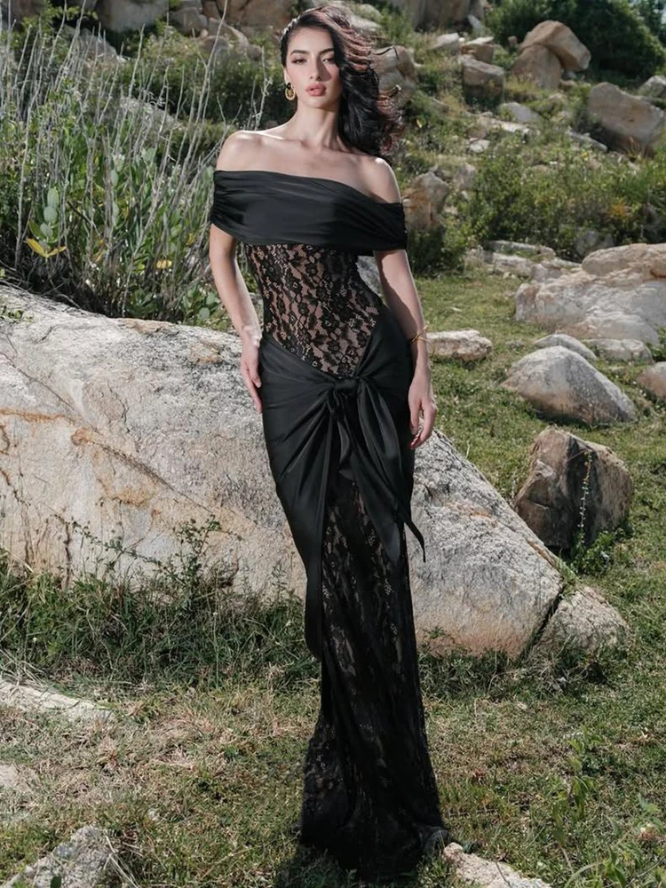 WEIRD PUSS dentelle enchanteresse transparente une épaule Dr femmes ceinturée Sexy longue Dr tendance Polyester Spandex mélange