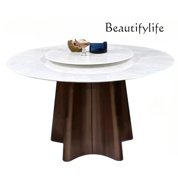 

Luxury stone dining table round household dining table Italian light natural marble high-end large round dining table