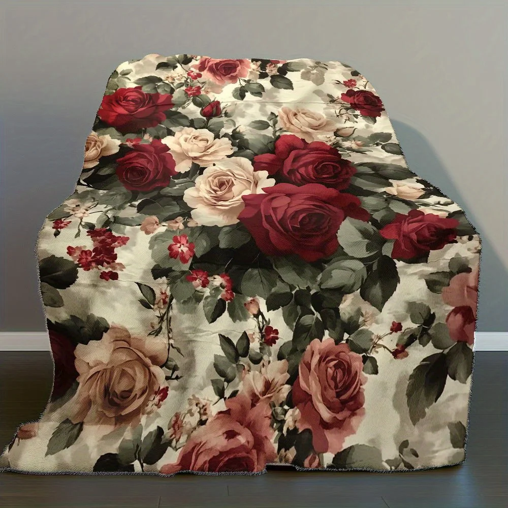 Cozy Vintage Rose Garden Print Flannel Throw Blanket Soft & Warm Blanket with Red Roses, Beige Background & Green Foliage