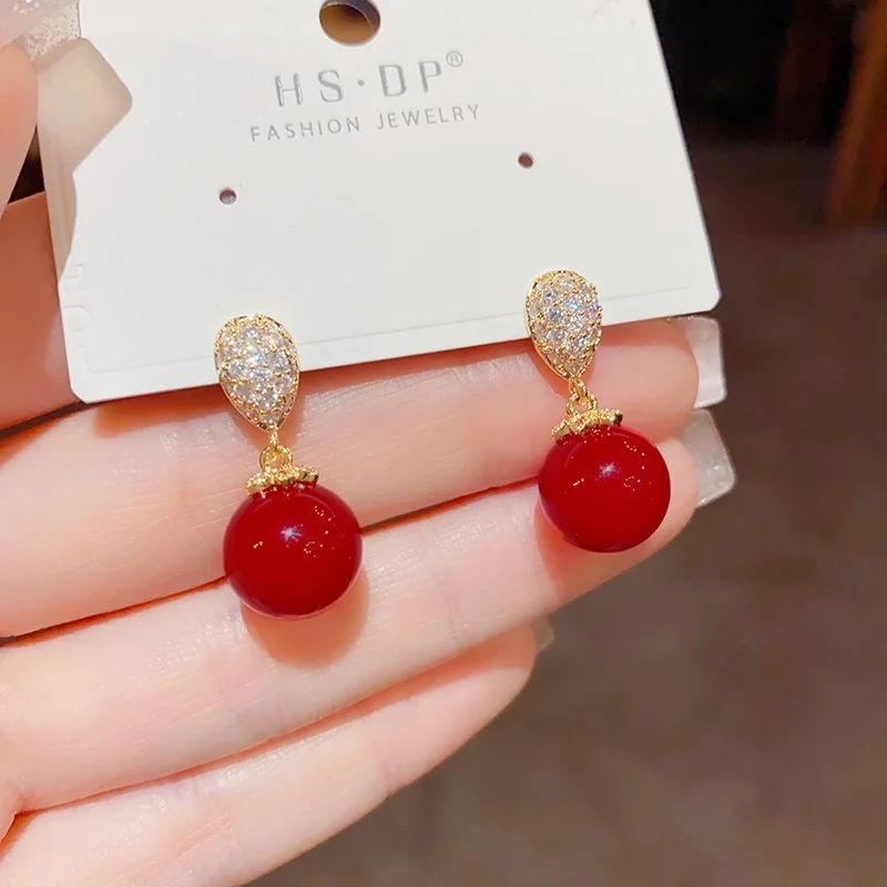 New Year   Simple Water Drop Red Pearl Earrings  Elegant Gentle Earrings